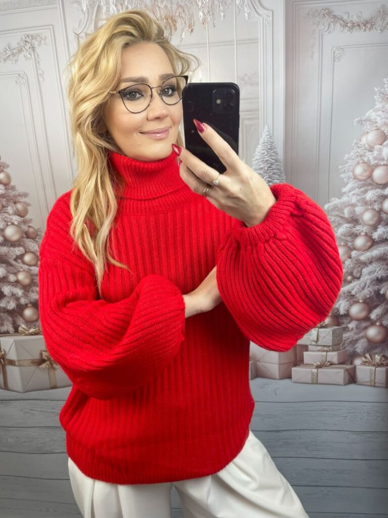 Golf Prążkowany z Rękawem Dzwonkowym Czerwień