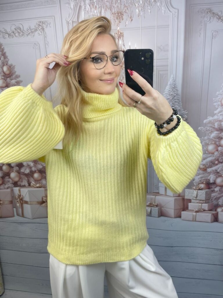 Golf Prążkowany z Rękawem Dzwonkowym Pastelowy Żółty