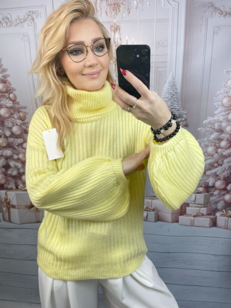 Golf Prążkowany z Rękawem Dzwonkowym Pastelowy Żółty