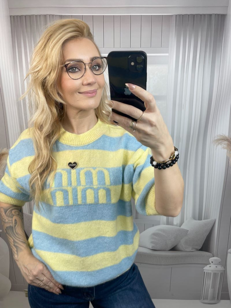 Sweter MIN MIN Pastelowy Żółty z Błękitem Sweter MIN MIN Pastelowy Żółty z Błękitem