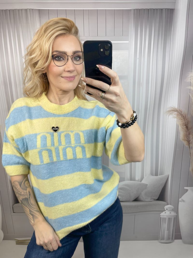 Sweter MIN MIN Pastelowy Żółty z Błękitem Sweter MIN MIN Pastelowy Żółty z Błękitem