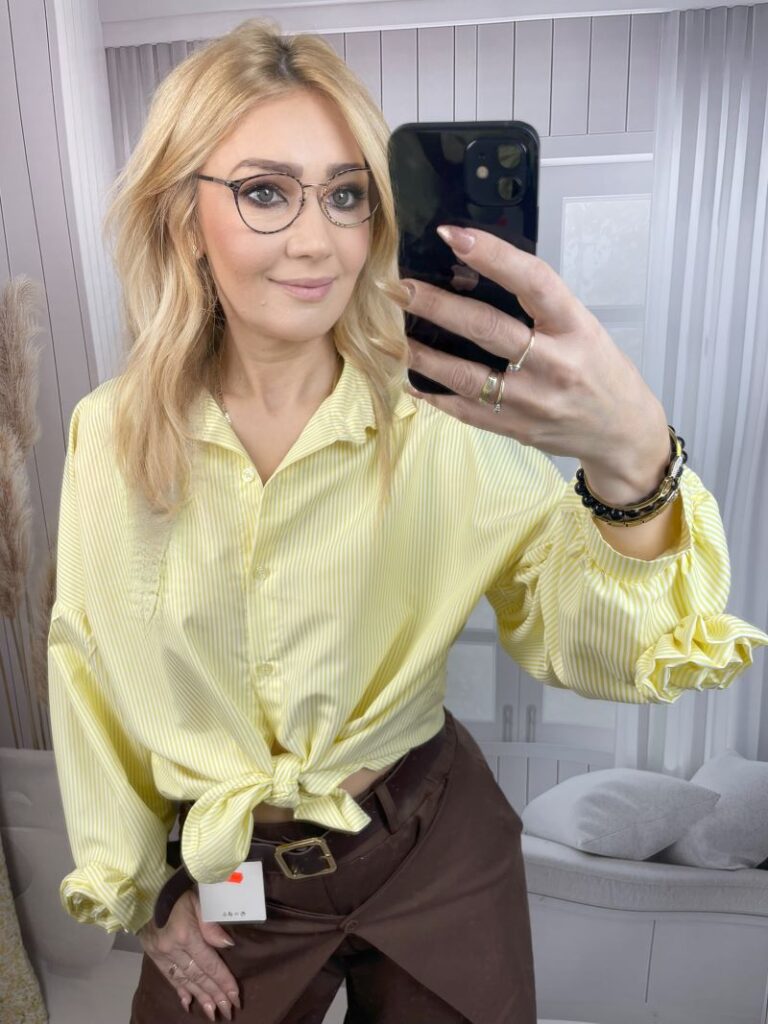 Koszula w Paski z Różą Na Mankiecie Żółty Koszula w Paski z Różą Na Mankiecie Żółty