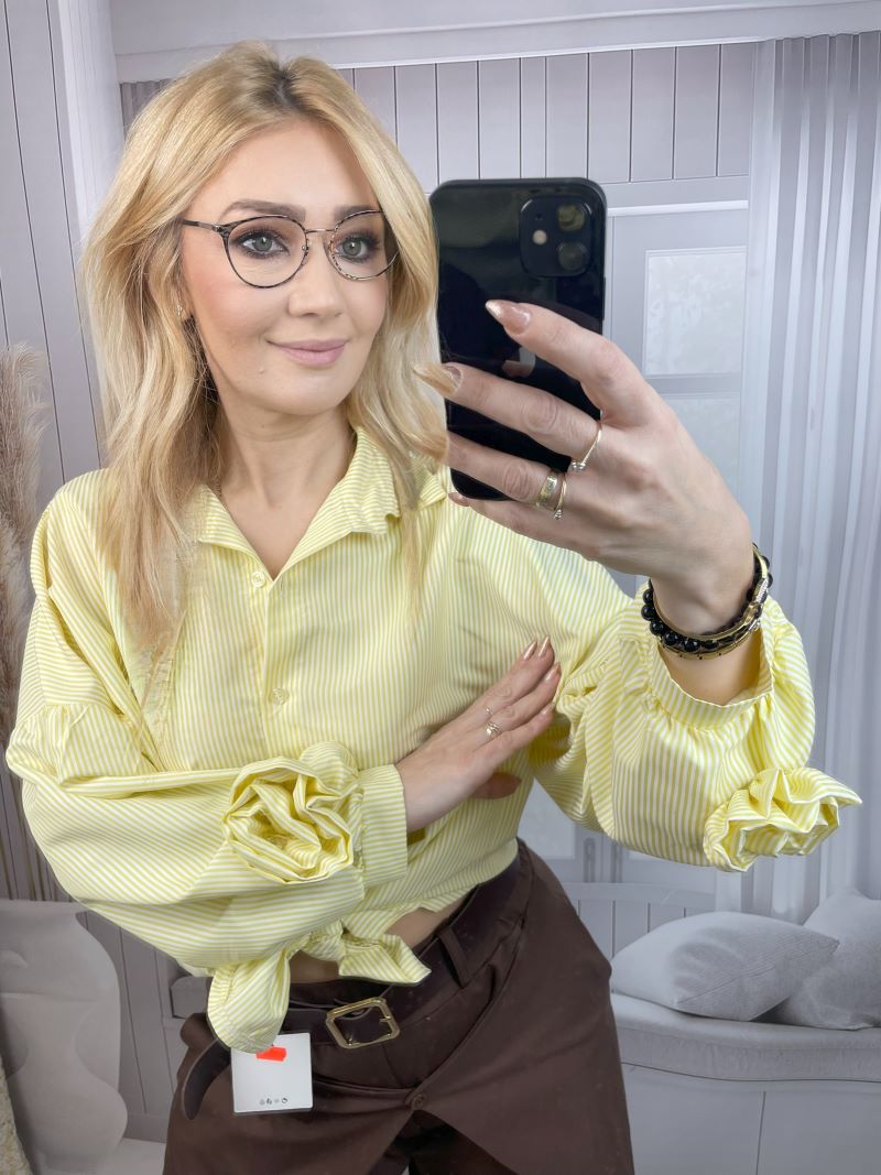 Koszula w Paski z Różą Na Mankiecie Żółty Koszula w Paski z Różą Na Mankiecie Żółty