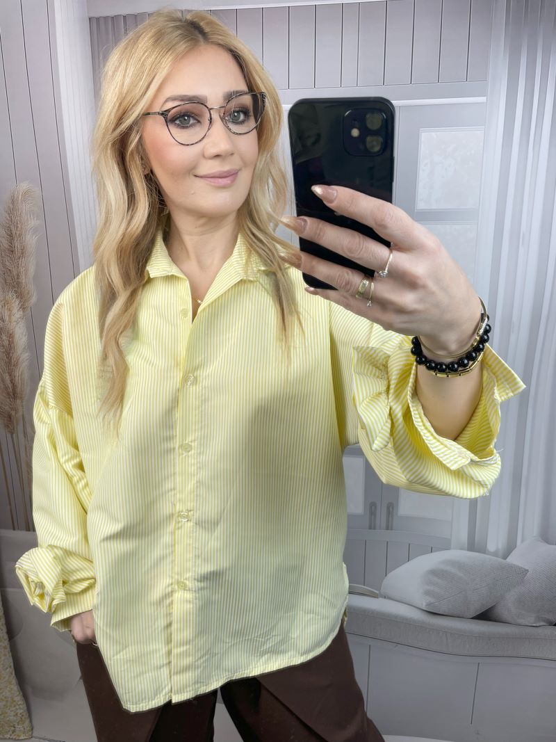 Koszula w Paski z Różą Na Mankiecie Żółty Koszula w Paski z Różą Na Mankiecie Żółty