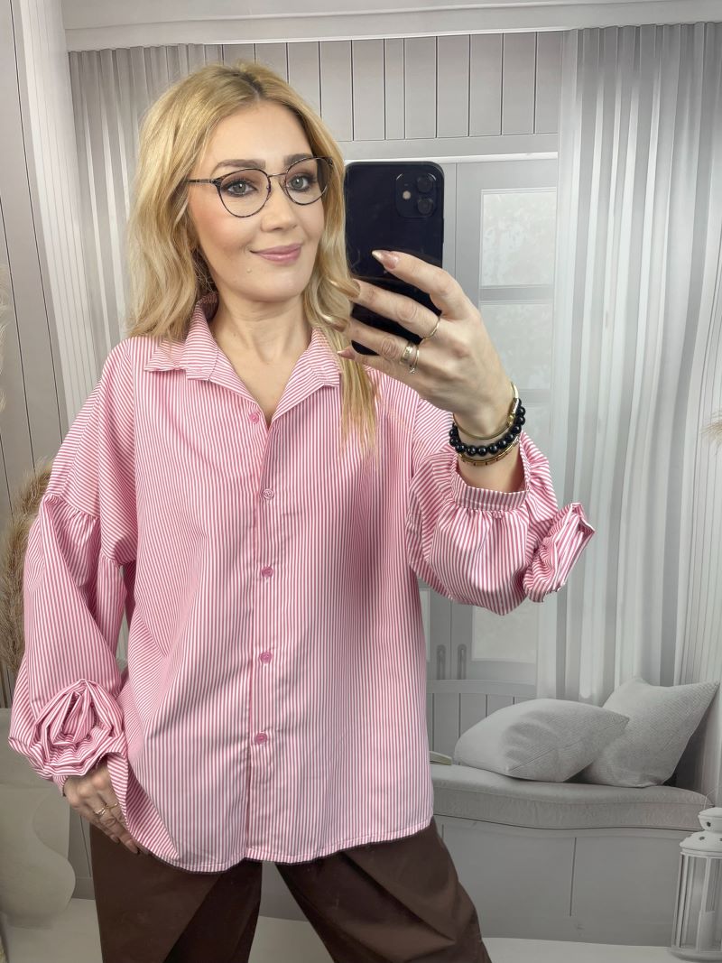 Koszula w Paski z Różą Na Mankiecie Ciemniejszy Róż Koszula w Paski z Różą Na Mankiecie Ciemniejszy Róż