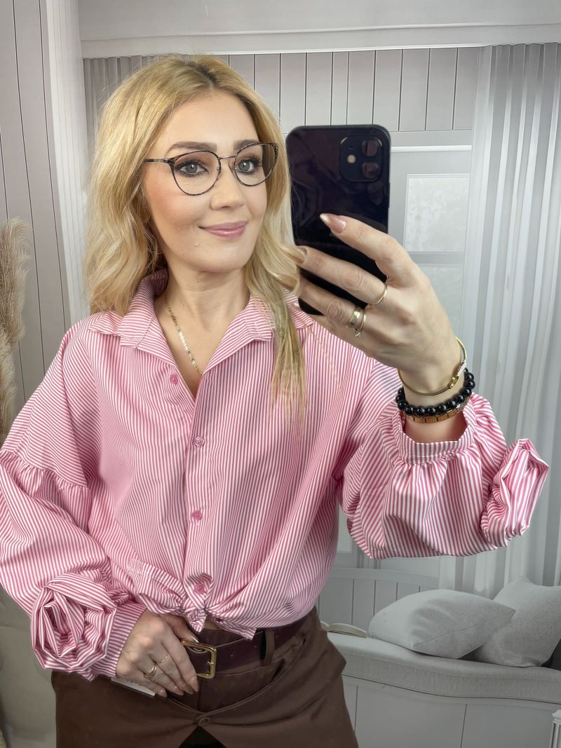 Koszula w Paski z Różą Na Mankiecie Ciemniejszy Róż Koszula w Paski z Różą Na Mankiecie Ciemniejszy Róż