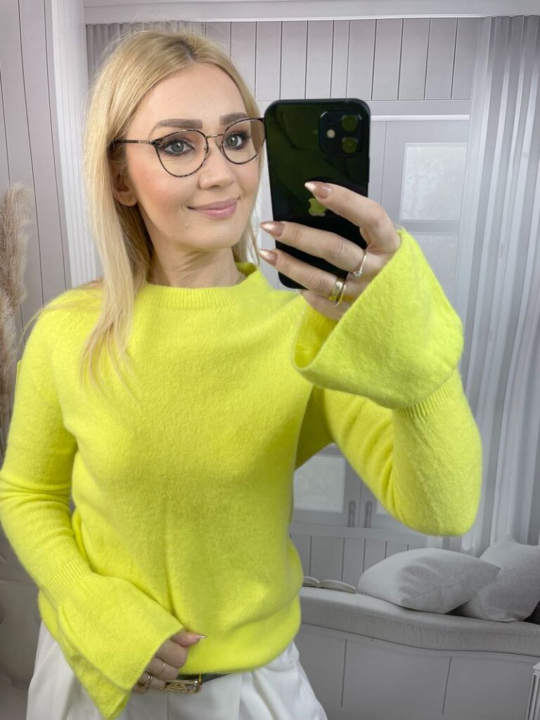 Sweter z Alpaki z Dzwonkowym Rękawem Limonka