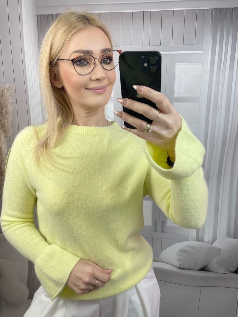 Sweter z Alpaki z Dzwonkowym Rękawem Żółty Sweter z Alpaki z Dzwonkowym Rękawem Żółty