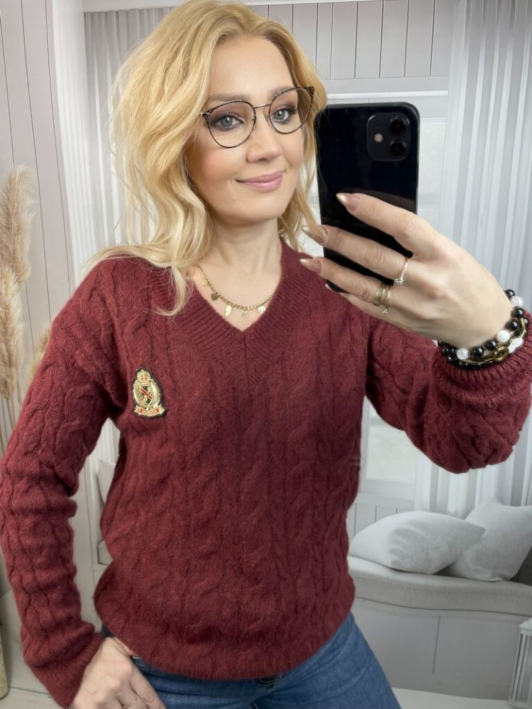 Sweter Wrabiany z Dekoltem V Ciemny Bordo
