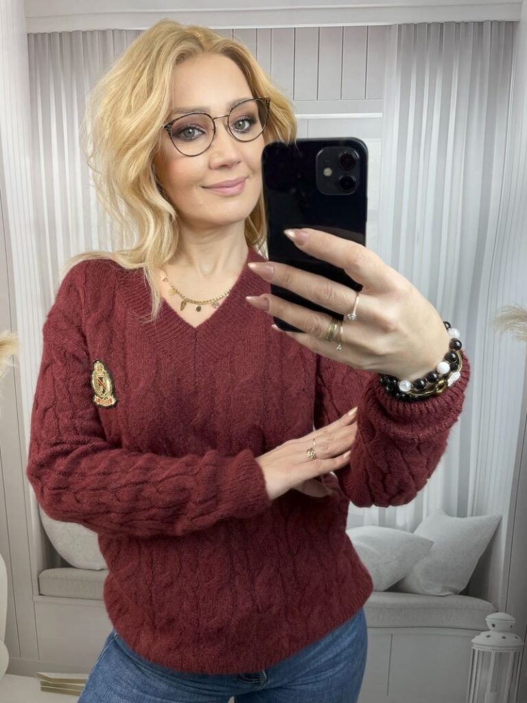 Sweter Wrabiany z Dekoltem V Ciemny Bordo