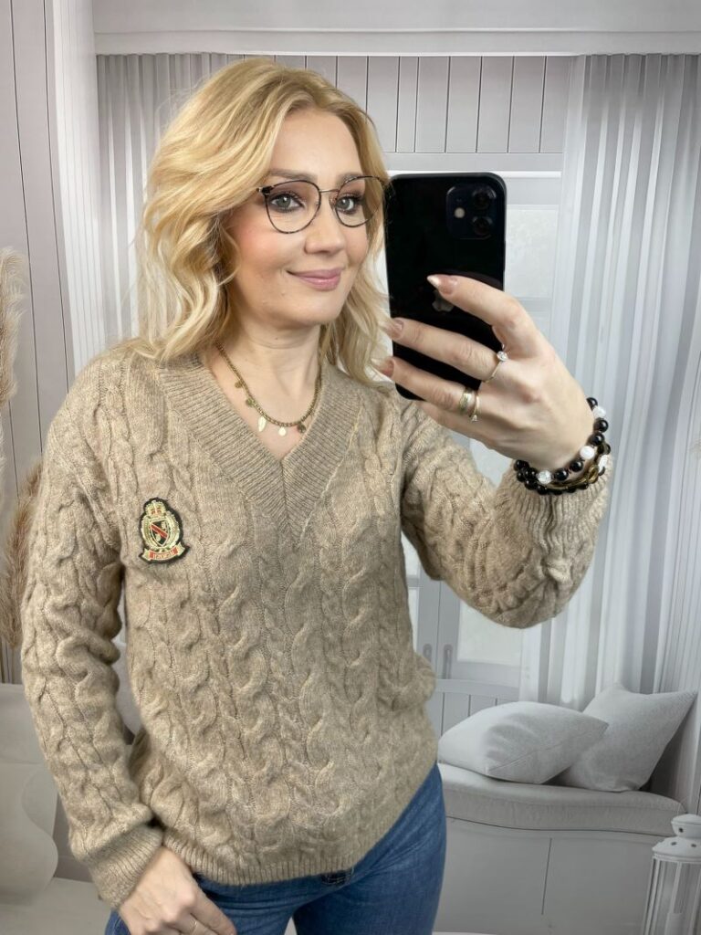 Sweter Wrabiany z Dekoltem V Ciemny Beż