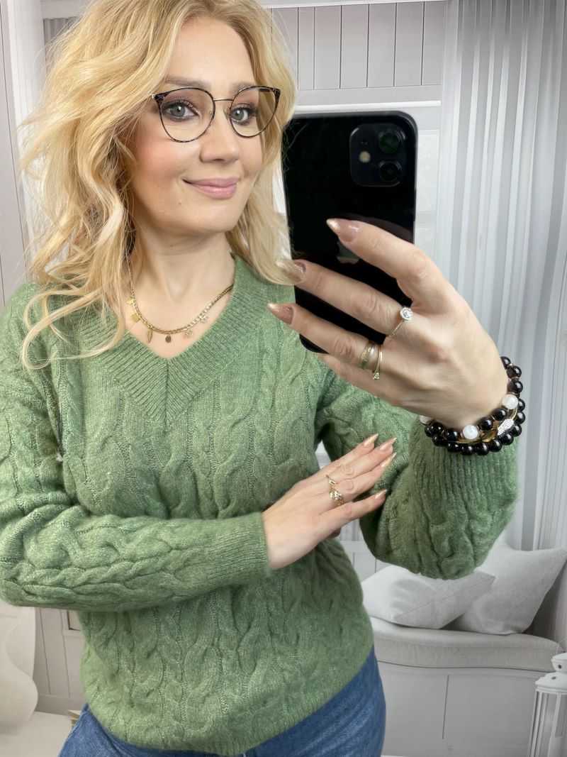 Sweter Wrabiany z Dekoltem V Groszkowa Zieleń Sweter Wrabiany z Dekoltem V Groszkowa Zieleń