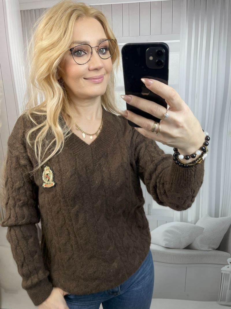 Sweter Wrabiany z Dekoltem V Czekolada Sweter Wrabiany z Dekoltem V Czekolada