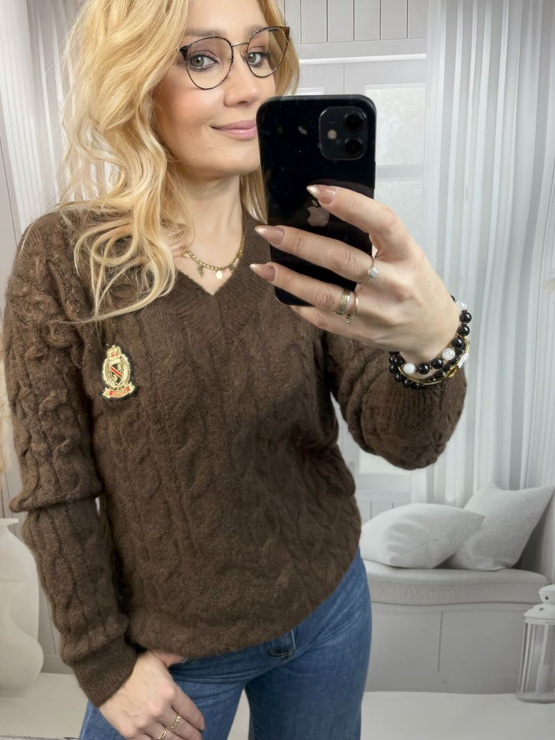 Sweter Wrabiany z Dekoltem V Czekolada Sweter Wrabiany z Dekoltem V Czekolada