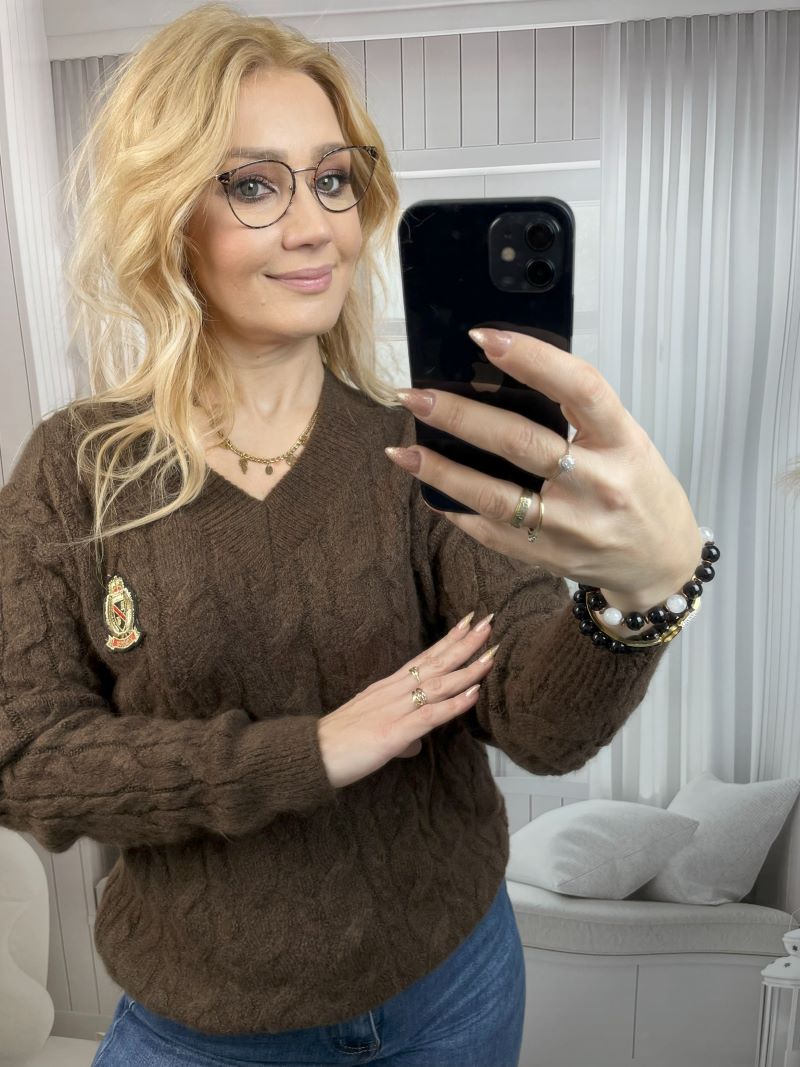 Sweter Wrabiany z Dekoltem V Czekolada Sweter Wrabiany z Dekoltem V Czekolada