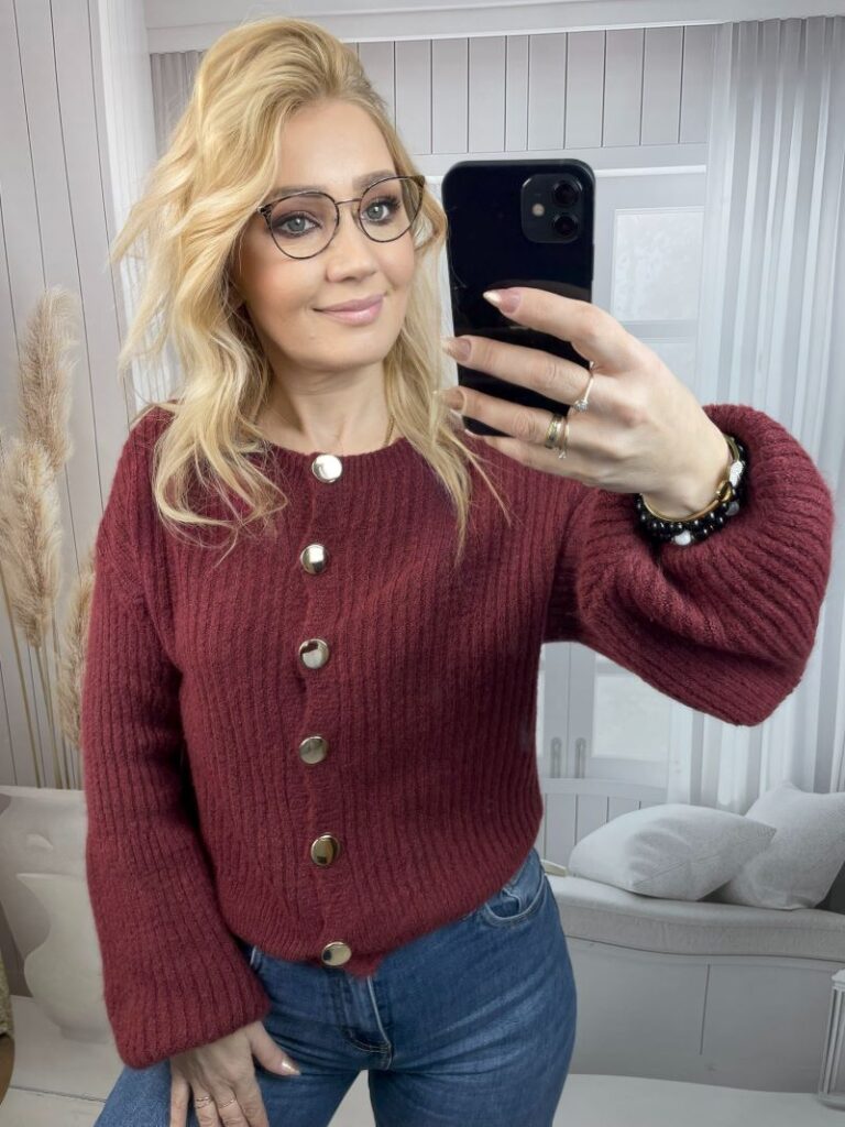 Zapinany Sweter z Rękawem Dzwonkowym Bordo