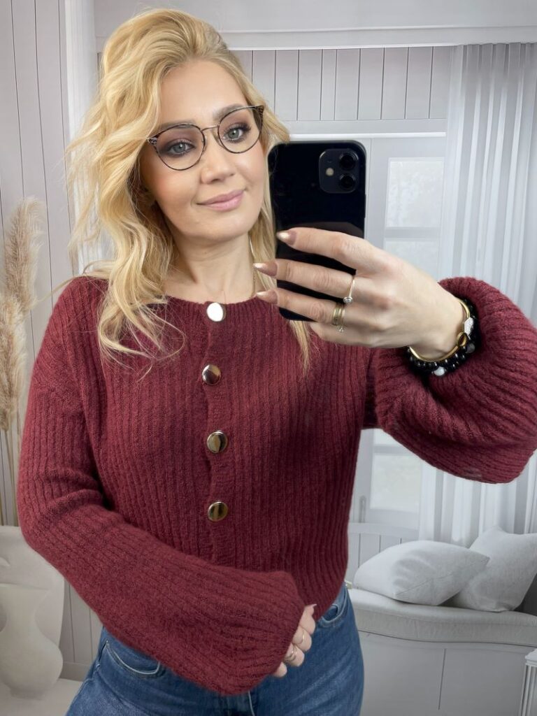 Zapinany Sweter z Rękawem Dzwonkowym Bordo