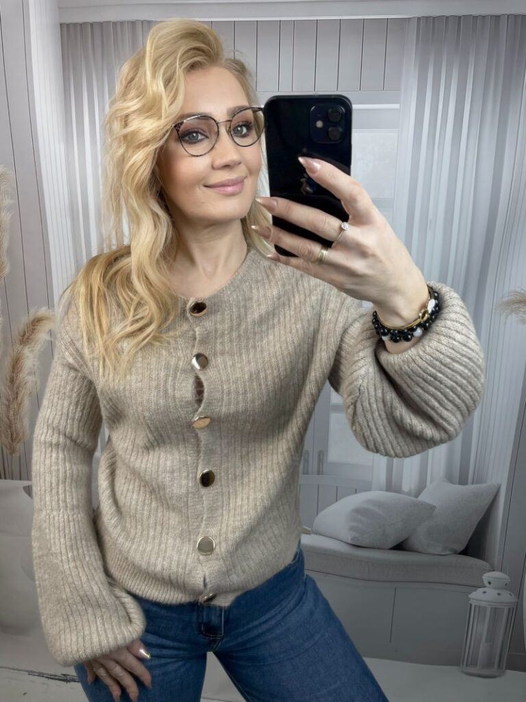 Zapinany Sweter z Rękawem Dzwonkowym Beż