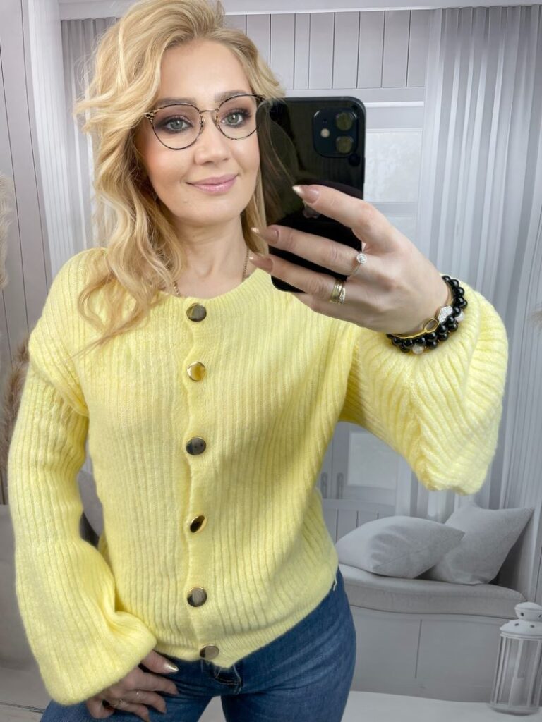 Zapinany Sweter z Rękawem Dzwonkowym Żółty