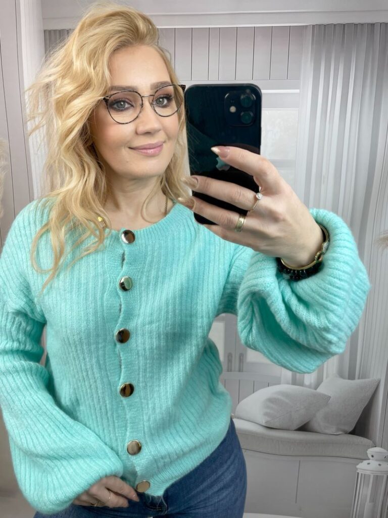 Zapinany Sweter z Rękawem Dzwonkowym Mięta