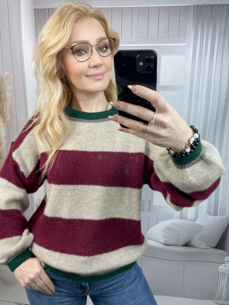 Sweter w Pasy Beżowo-Bordowy