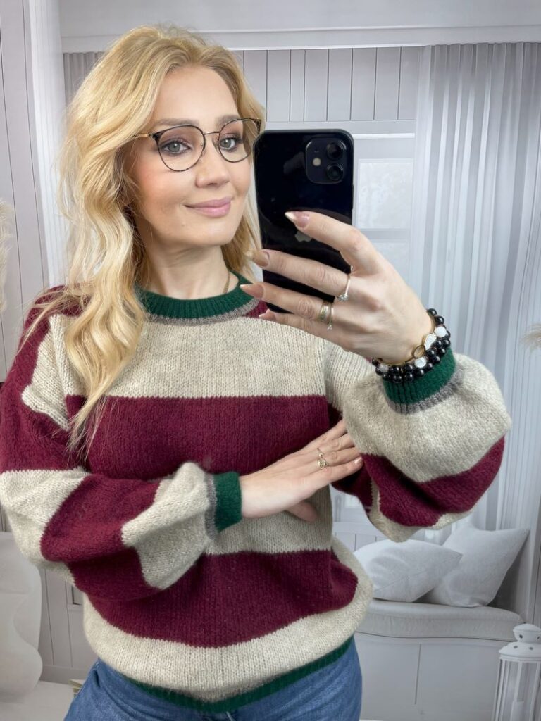Sweter w Pasy Beżowo-Bordowy