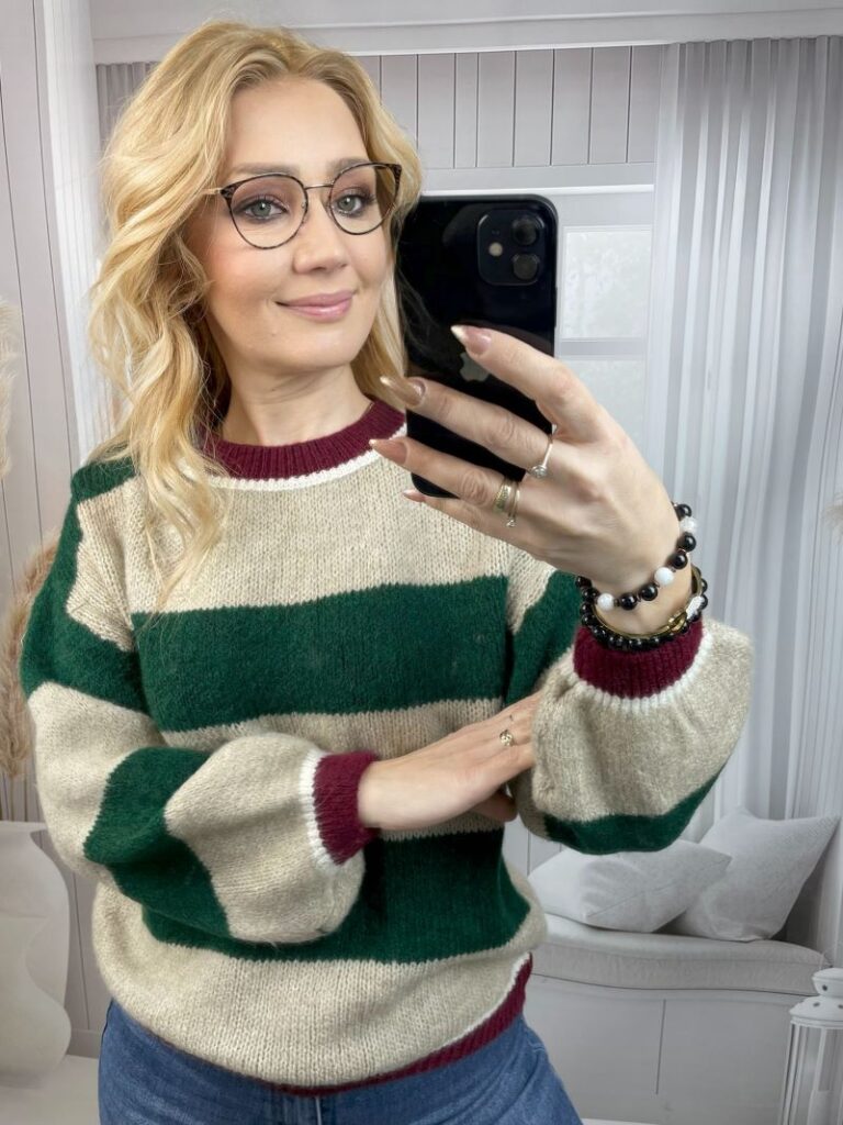 Sweter w Pasy Beżowo-Zielony