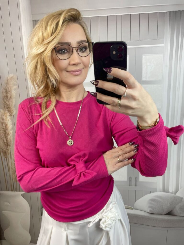 Bluzka Prążkowana z Kokardą Na Mankiecie - Fuksja