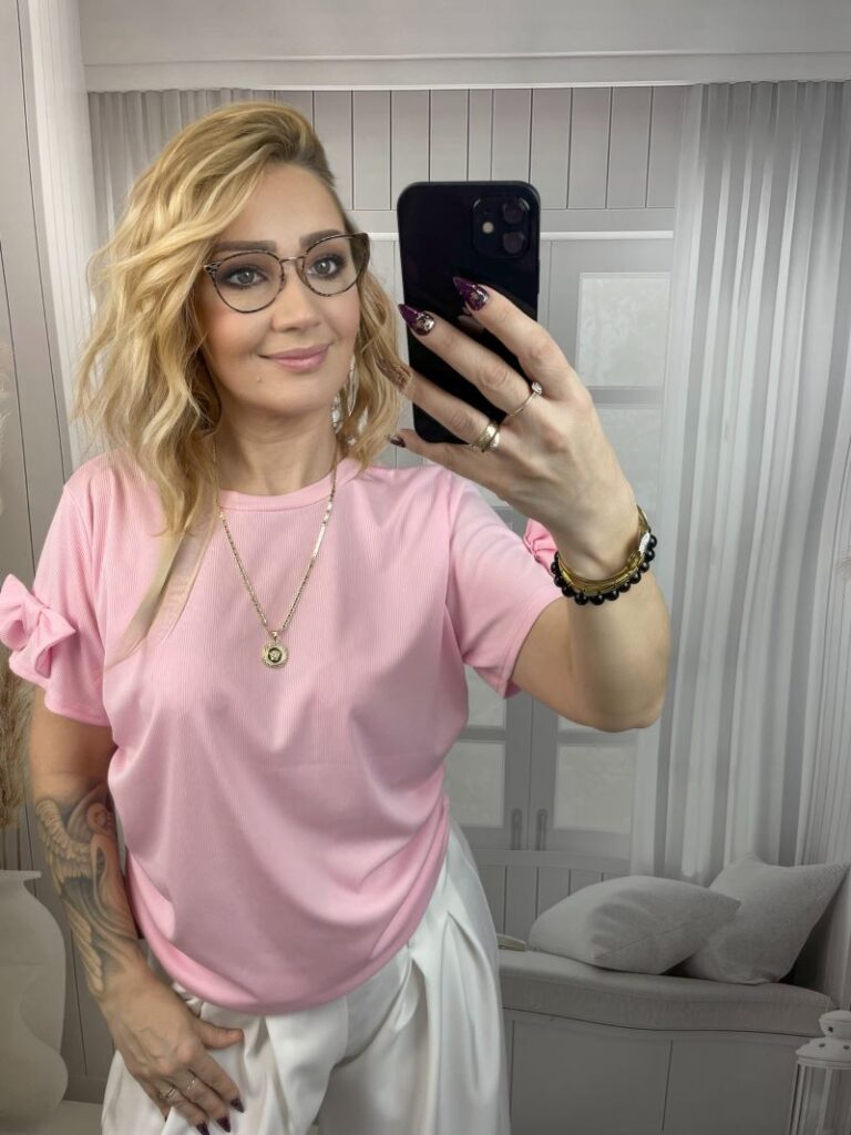 Bluzka Prążkowana z Kokardą Na Rękawie - Pudrowy Róż