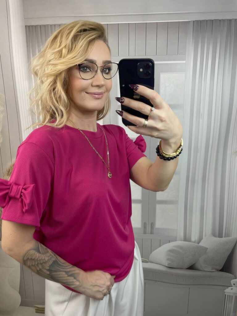 Bluzka Prążkowana z Kokardą Na Rękawie - Fuksja