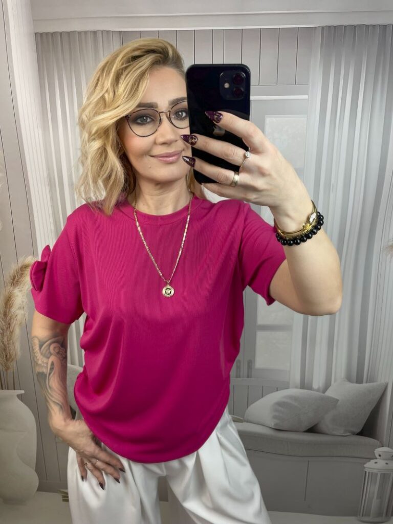 Bluzka Prążkowana z Kokardą Na Rękawie - Fuksja