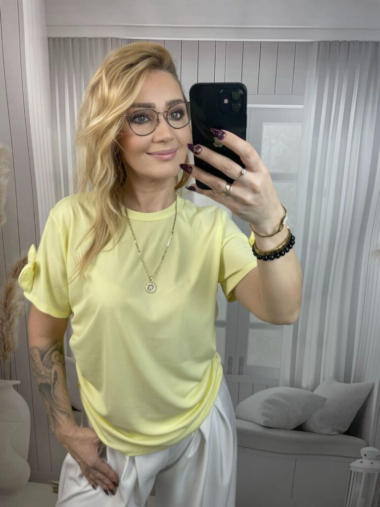 Bluzka Prążkowana z Kokardą Na Rękawie - Żółta