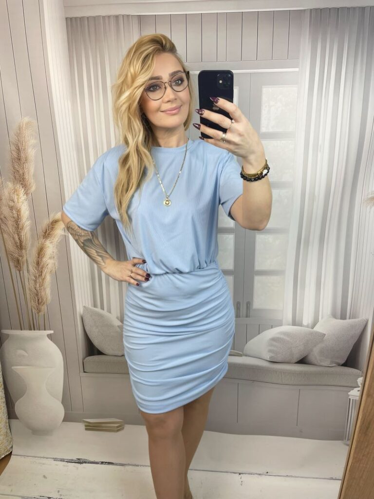 Sukienka Prążkowana z Okrągłym Dekoltem - Błękit L/XL