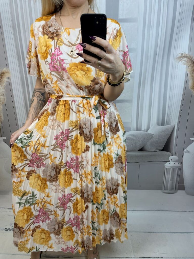 Sukienka Plisowana z Klasycznym Dekoltem Miodowa