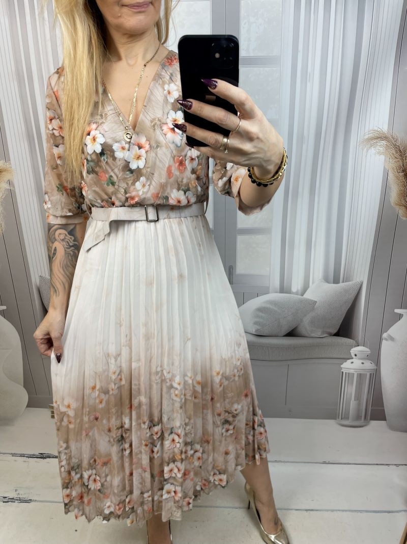 Sukienka Plisowana z Kopertowym Dekoltem Beż Sukienka Plisowana z Kopertowym Dekoltem Beż