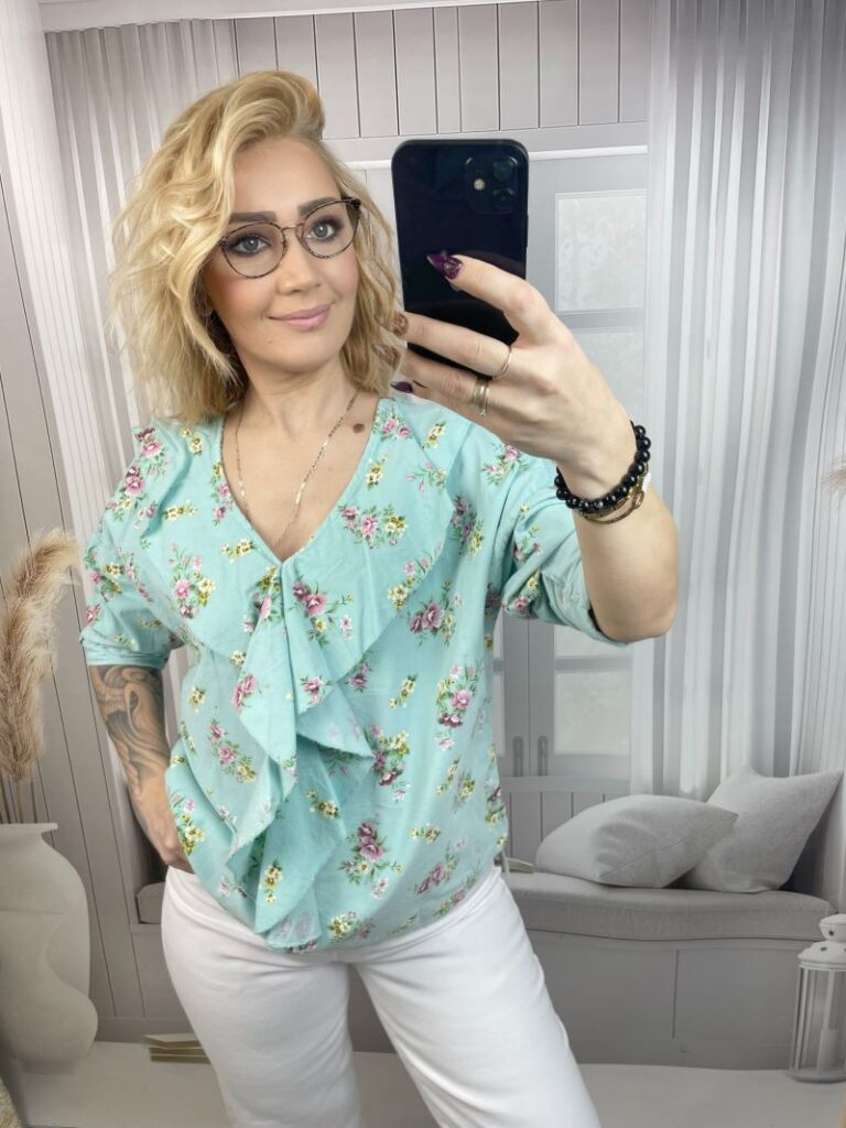 Bluzka Sztruksowa w Kwiaty 100 % Bawełna - Mięta