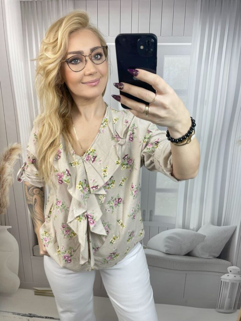 Bluzka Sztruksowa w Kwiaty 100 % Bawełna - Beż