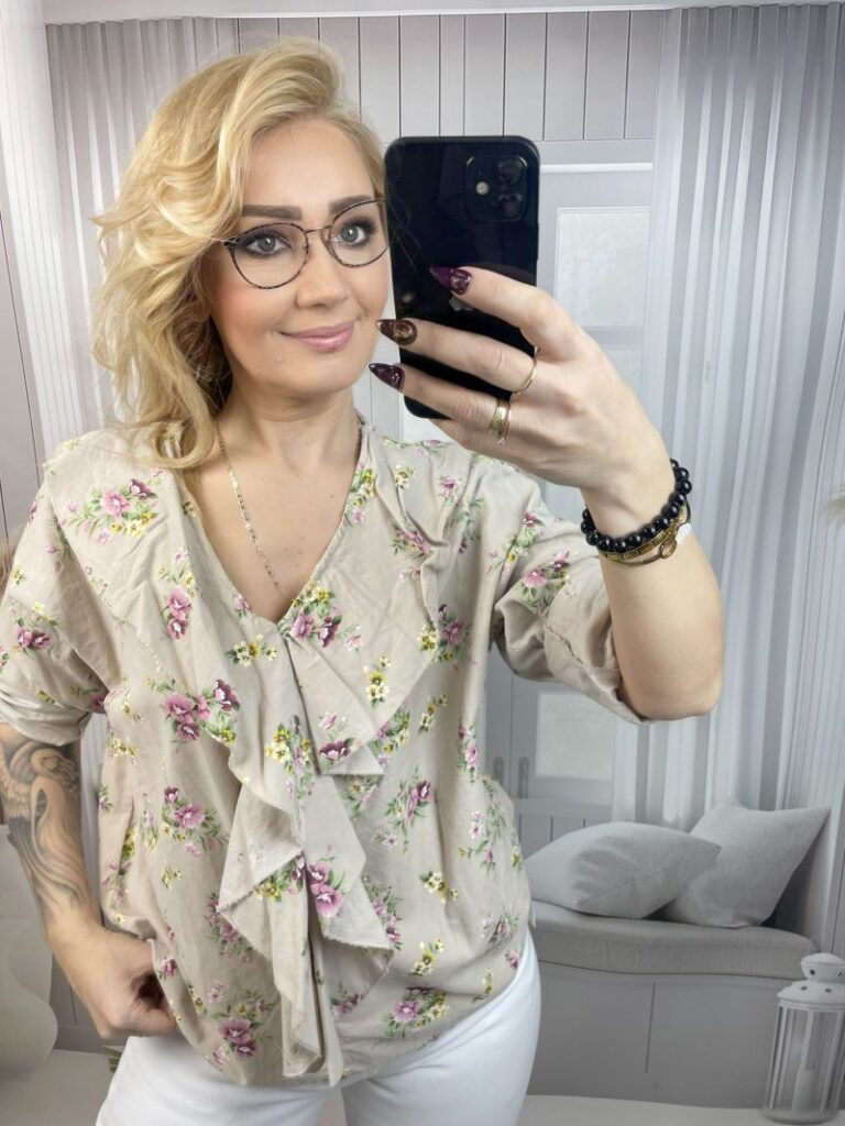 Bluzka Sztruksowa w Kwiaty 100 % Bawełna - Beż