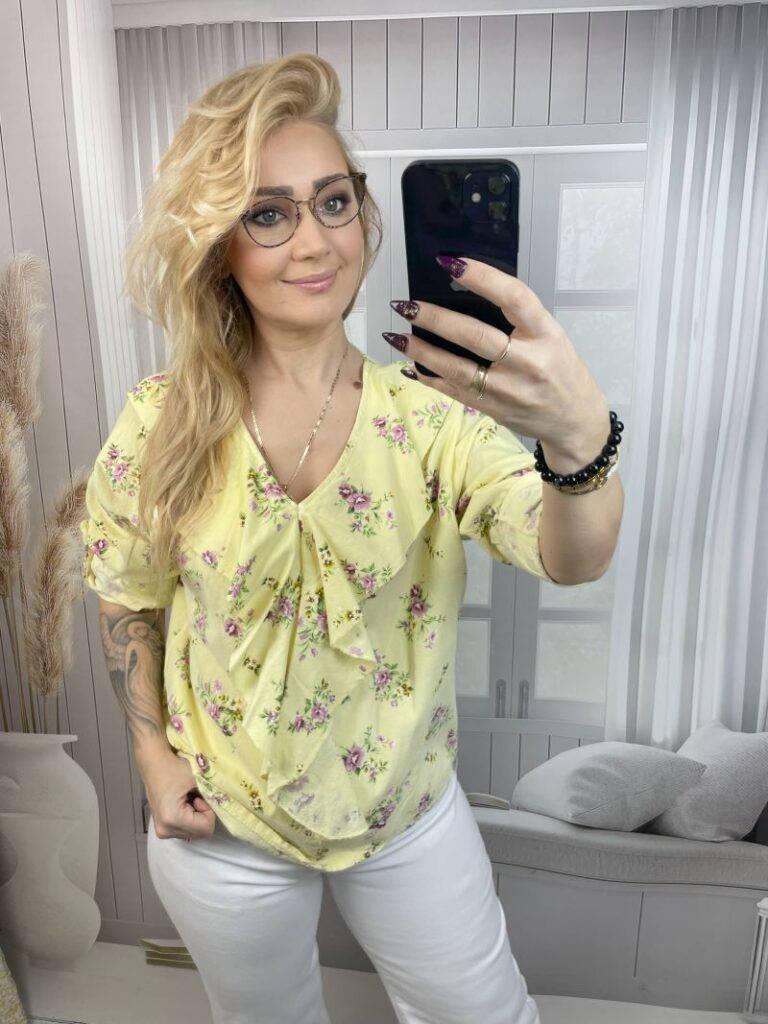 Bluzka Sztruksowa w Kwiaty 100 % Bawełna - Żółta