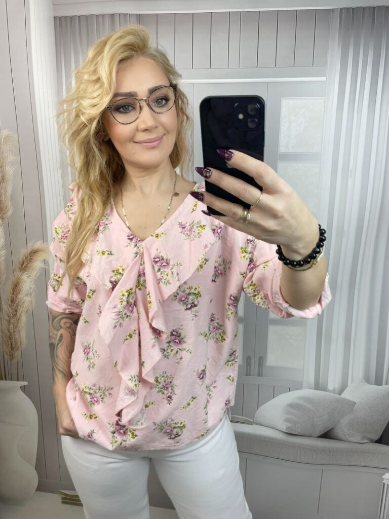 Bluzka Sztruksowa w Kwiaty 100 % Bawełna - Pudrowy Róż