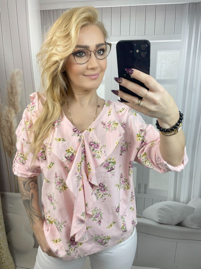 Bluzka Sztruksowa w Kwiaty 100 % Bawełna - Pudrowy Róż Bluzka Sztruksowa w Kwiaty 100 % Bawełna - Pudrowy Róż