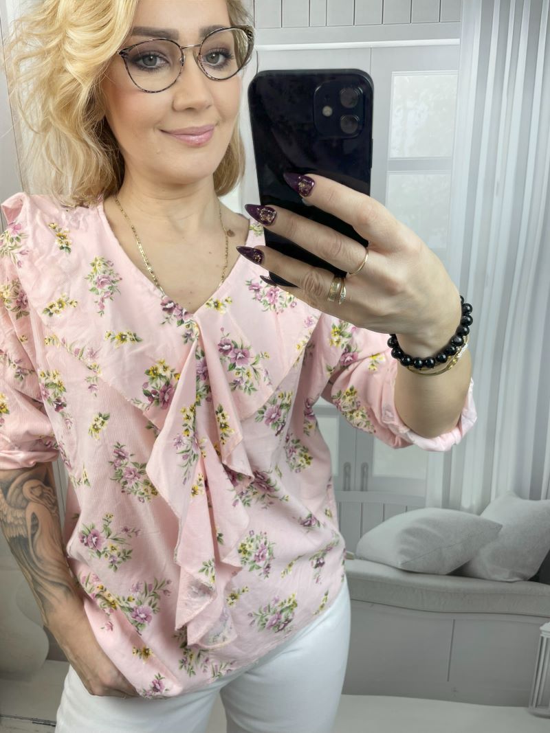 Bluzka Sztruksowa w Kwiaty 100 % Bawełna - Pudrowy Róż Bluzka Sztruksowa w Kwiaty 100 % Bawełna - Pudrowy Róż