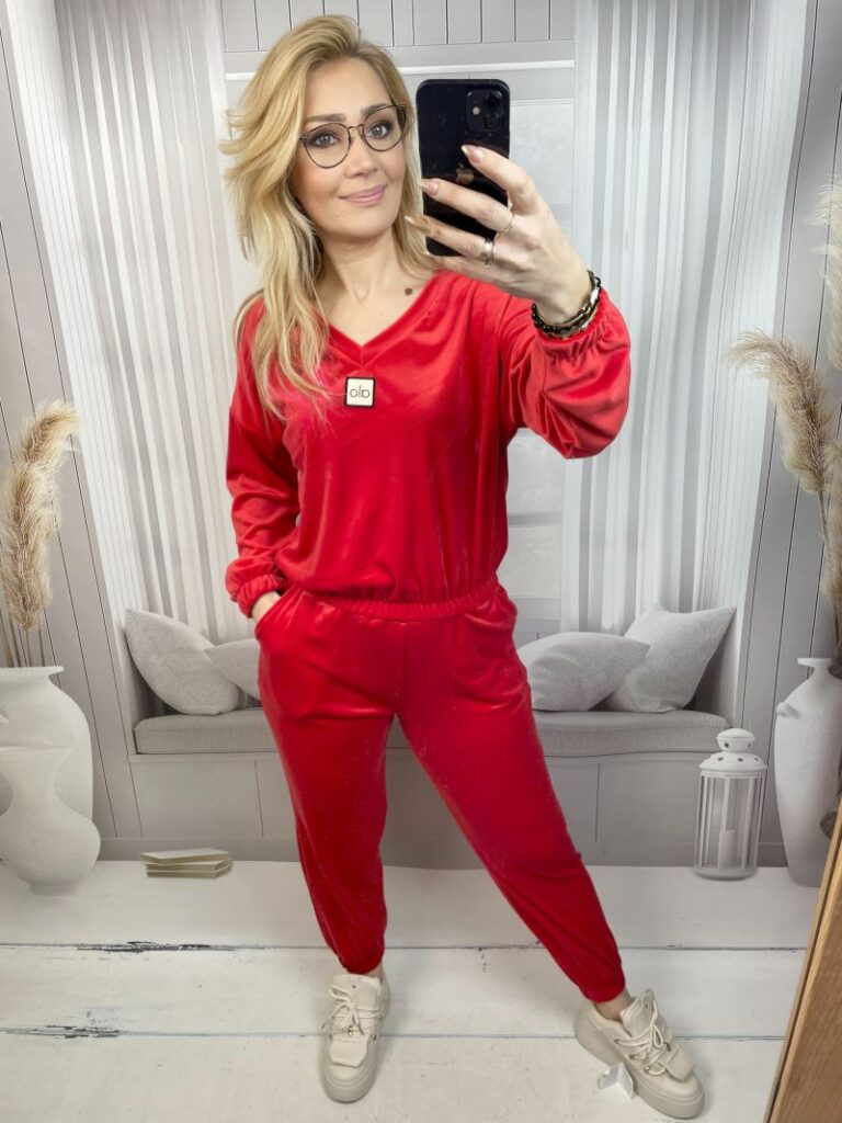 Dres Welurowy z Dekoltem V - Czerwony