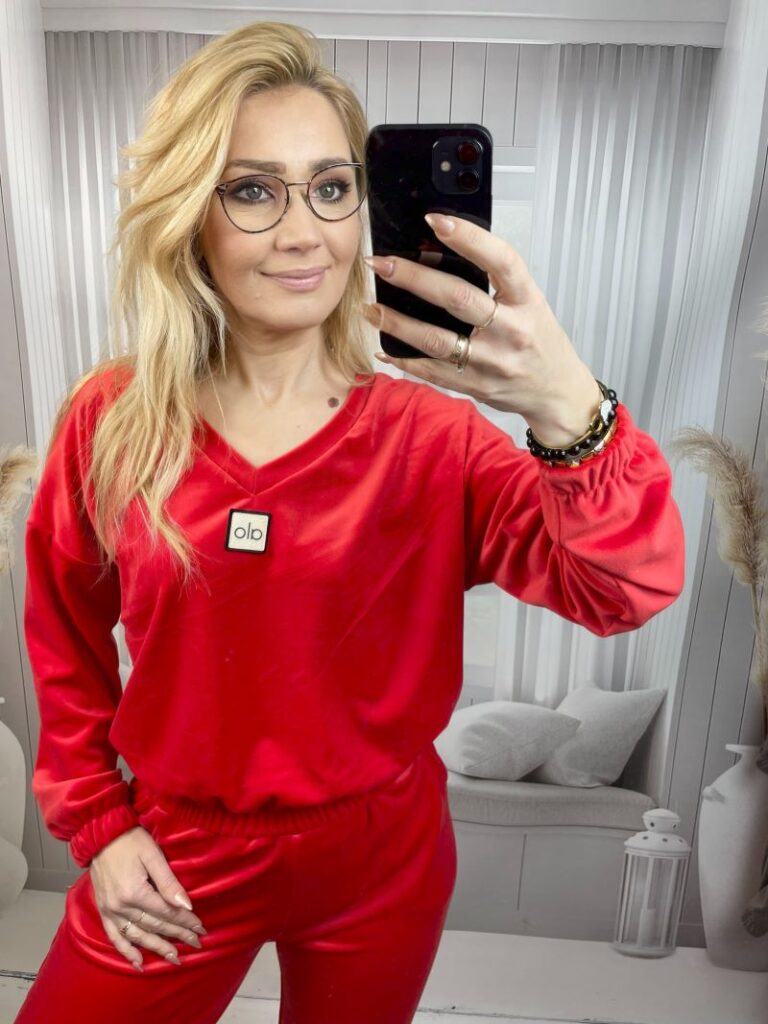 Dres Welurowy z Dekoltem V - Czerwony