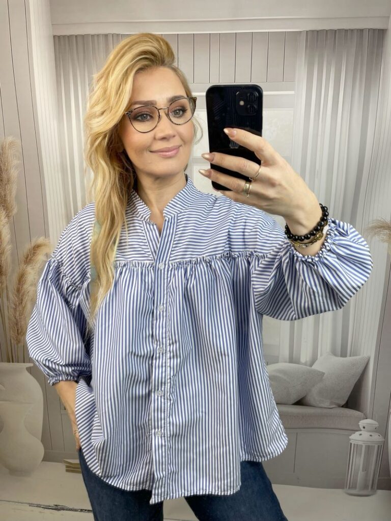 Koszula w Paski z Balonowym Rękawem Niebieska