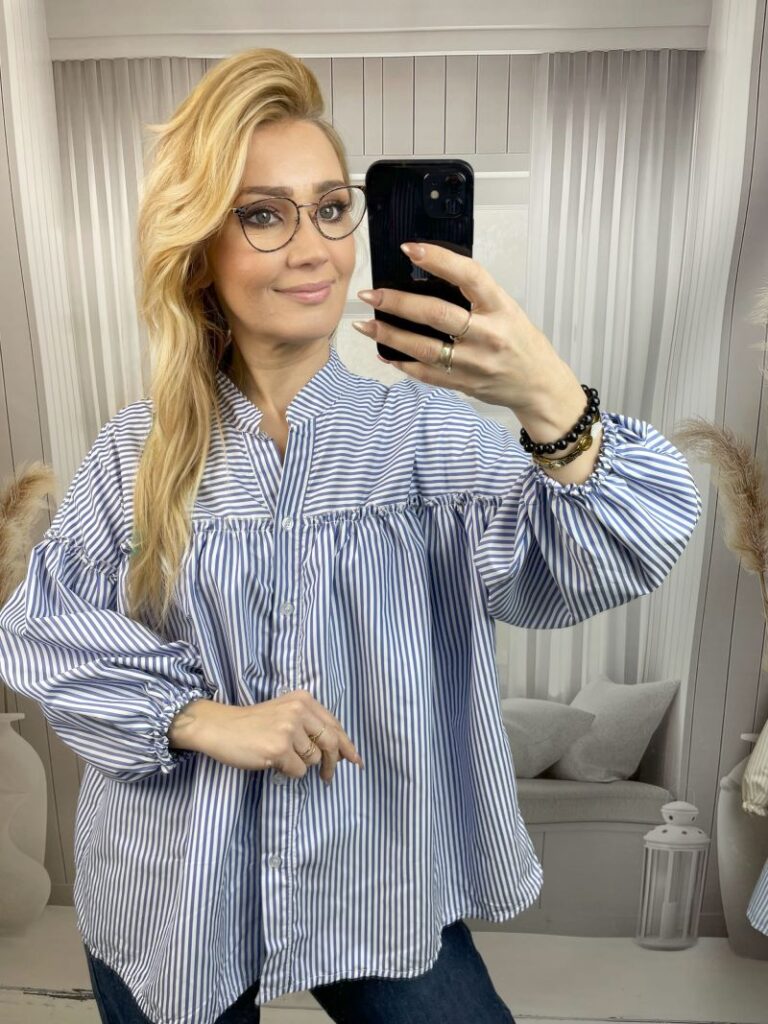 Koszula w Paski z Balonowym Rękawem Niebieska Koszula w Paski z Balonowym Rękawem Niebieska