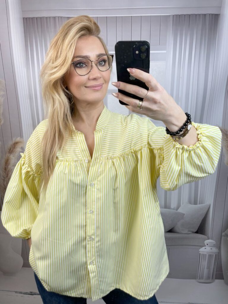 Koszula w Paski z Balonowym Rękawem Żółta