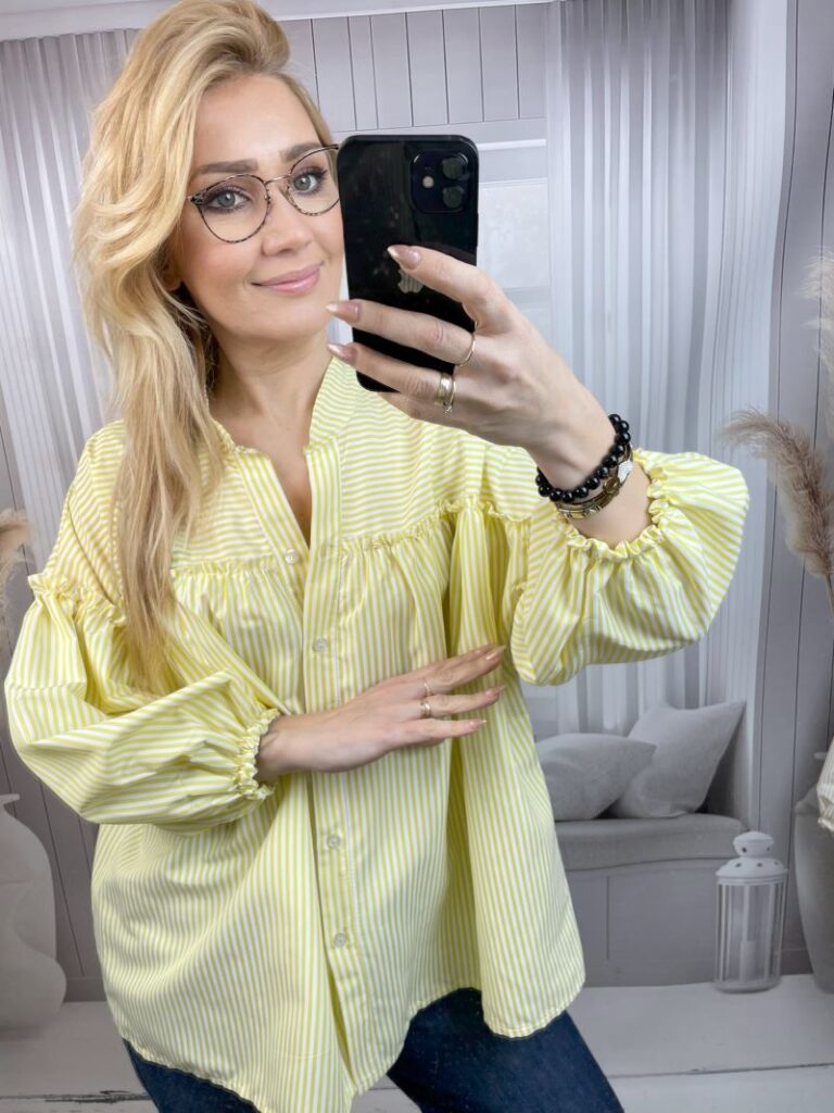 Koszula w Paski z Balonowym Rękawem Żółta Koszula w Paski z Balonowym Rękawem Żółta