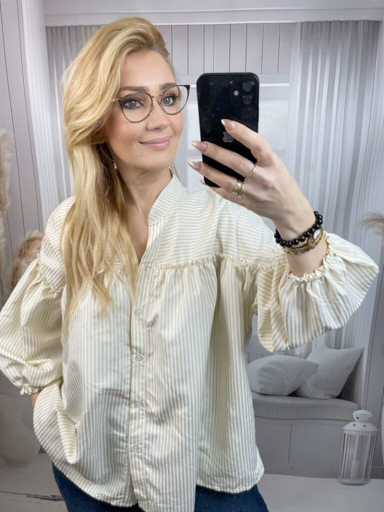 Koszula w Paski z Balonowym Rękawem Beż