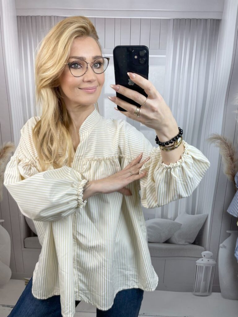 Koszula w Paski z Balonowym Rękawem Beż Koszula w Paski z Balonowym Rękawem Beż